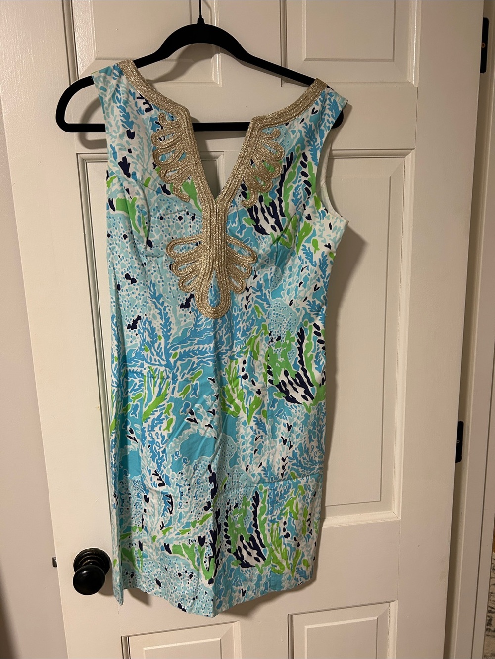 Lilly Pulitzer Light Blue, Green & Navy Sleeveless Shift Dress with Gold Trim